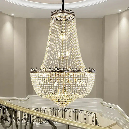 Luxury gold multi tier crystal led chandelier with ornate metalwork and cascading clear crystals for dining room decorbites crystal led