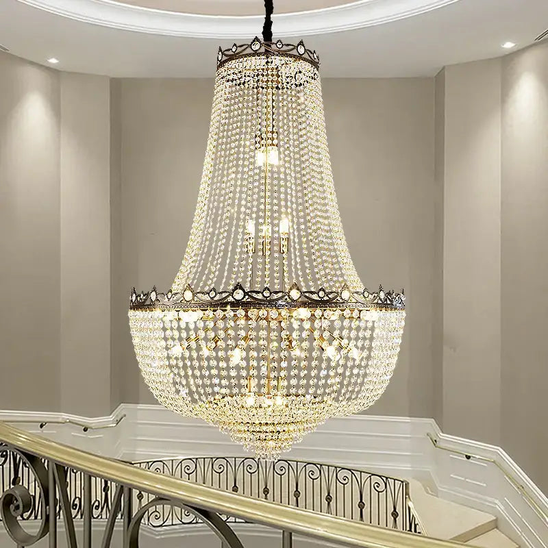 Luxury gold multi tier crystal led chandelier with ornate metalwork and cascading clear crystals for dining room decorbites crystal led