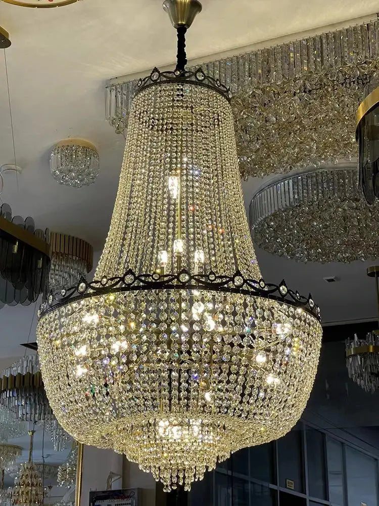 Luxury gold multi tier crystal led chandelier with black wrought iron frame and clear faceted crystals by decorbites crystal led
