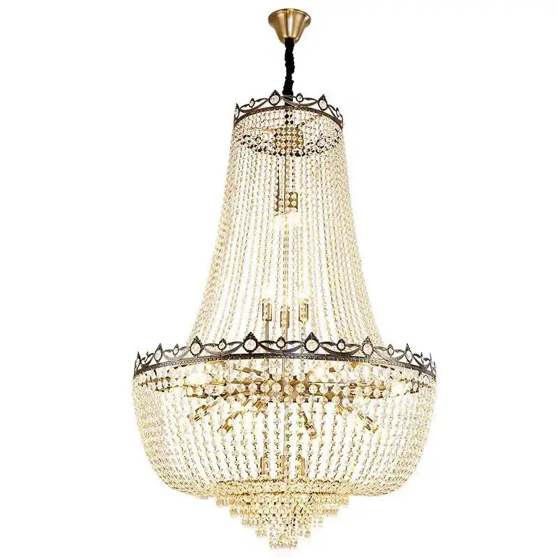 Luxury gold multi tier crystal led chandelier with cascading clear crystal beads and intricate metalwork for dining room decorbites crystal led