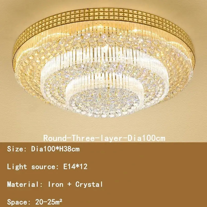 Luxury gold multi-tiered crystal led chandelier with a golden iron frame and cascading clear crystals for living room