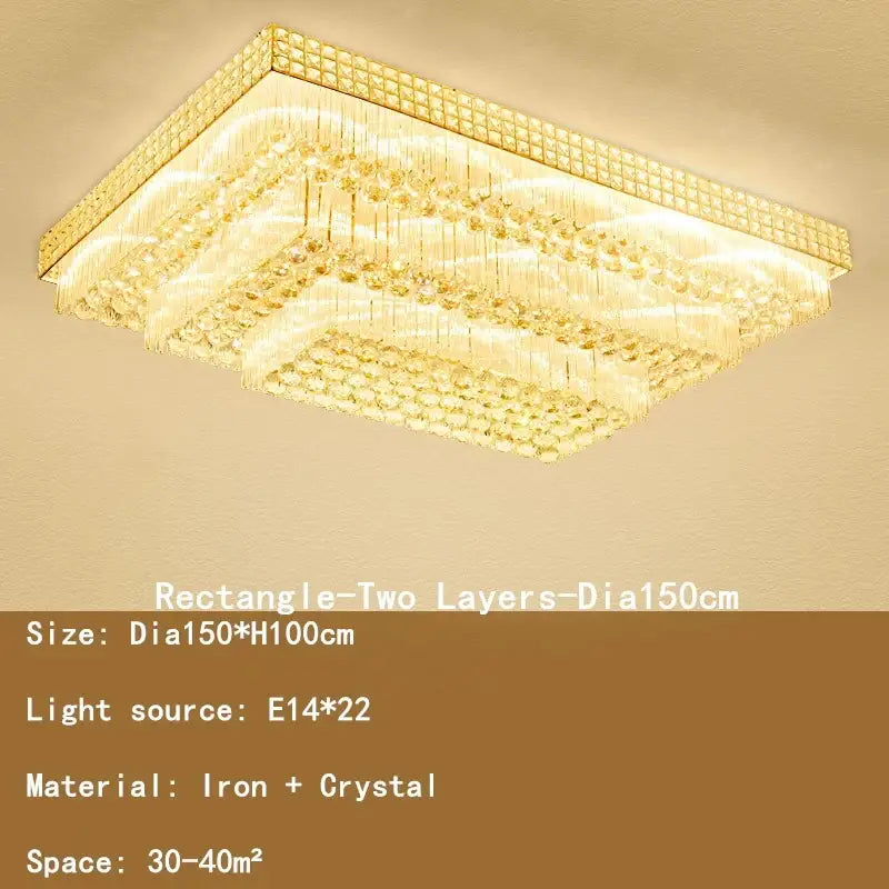 Rectangular two-layer luxury gold crystal led chandelier with iron frame and cascading clear crystals for living room