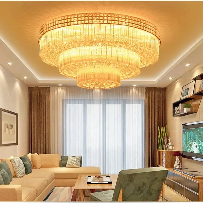 Luxury gold multi-tiered crystal led chandelier with cascading faceted glass strands for living room lighting