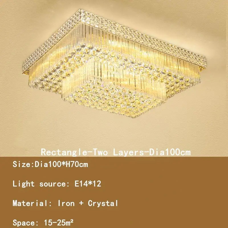 Luxury gold multi-tiered rectangular two-layer crystal led chandelier with iron frame and clear crystals for living room