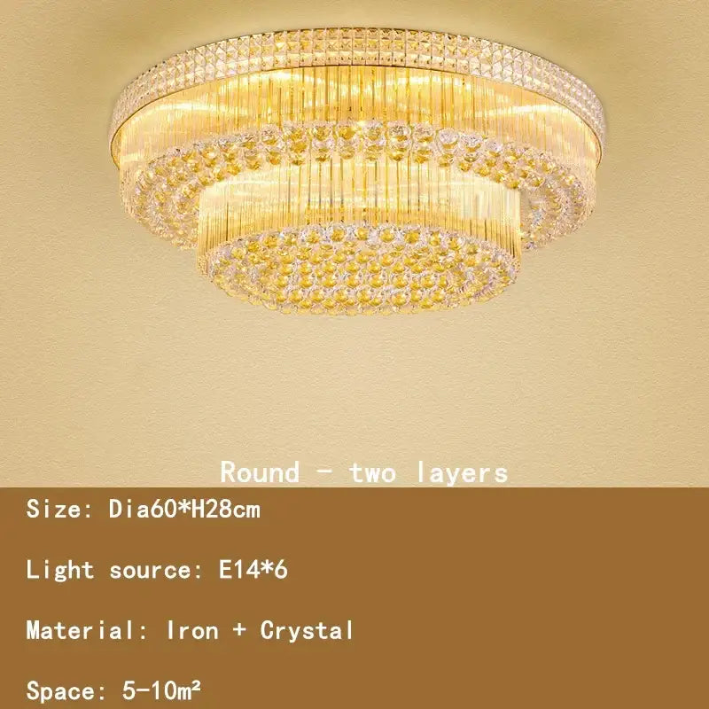 Luxury gold multi-tiered crystal led chandelier with iron frame and clear crystals for living room lighting