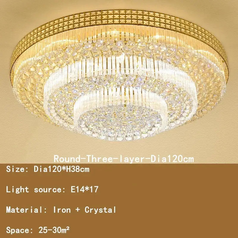 Luxury gold multi-tiered crystal led chandelier with a golden iron frame and cascading clear crystals for living room use