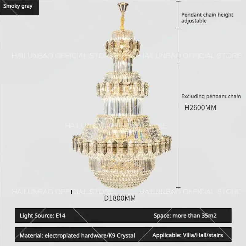 Luxury gold decorbites crystal chandelier featuring a multi-tiered smoky gray design with electroplated hardware for living rooms