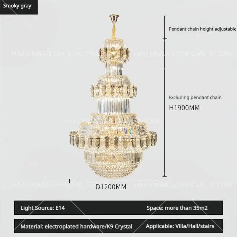 Luxury gold multi-tiered decorbites crystal chandelier with smoky gray electroplated hardware and cascading k9 crystal prisms