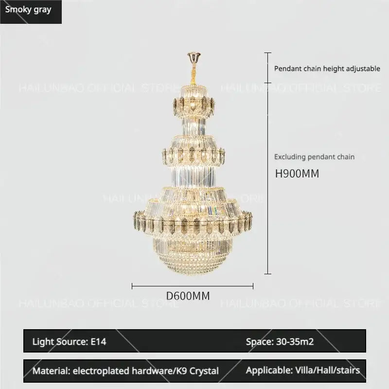 Luxury gold multi-tiered decorbites crystal chandelier with smoky gray finish and k9 crystal accents for living room