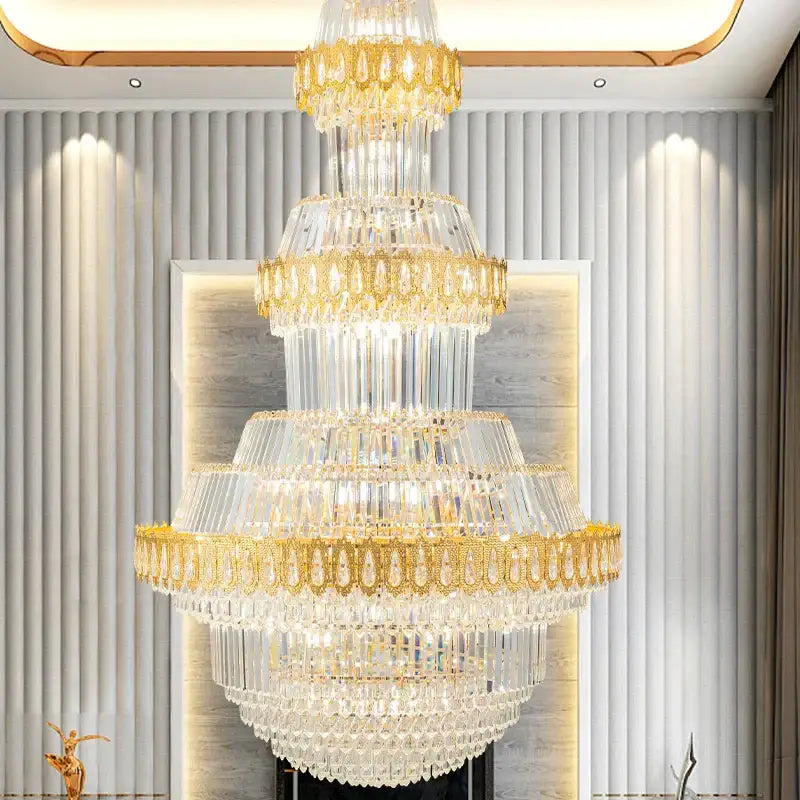Luxury gold multi-tiered decorbites crystal chandelier with cascading clear glass prisms for living room decor