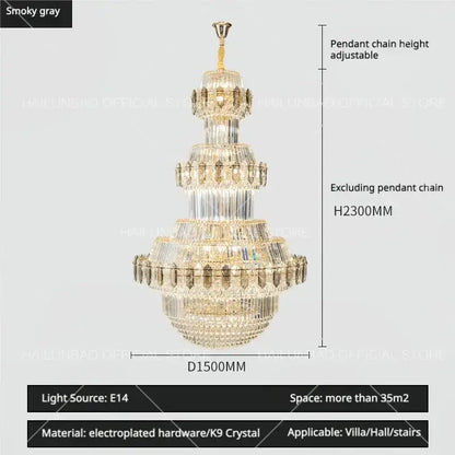 Luxury gold multi-tiered decorbites crystal chandelier with smoky gray electroplated hardware and cascading k9 prisms