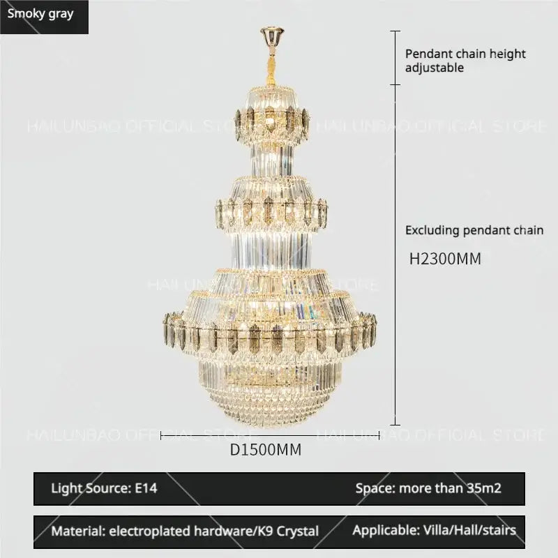 Luxury gold multi-tiered decorbites crystal chandelier with smoky gray electroplated hardware and cascading k9 prisms