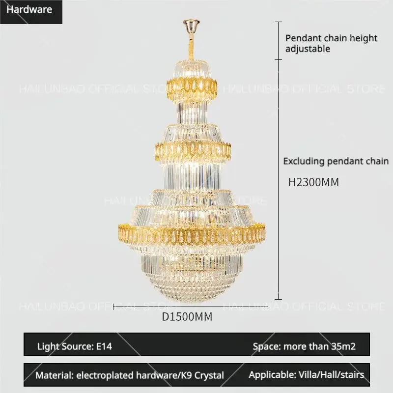 Luxury gold multi-tiered decorbites crystal chandelier with k9 crystals and electroplated hardware for grand spaces
