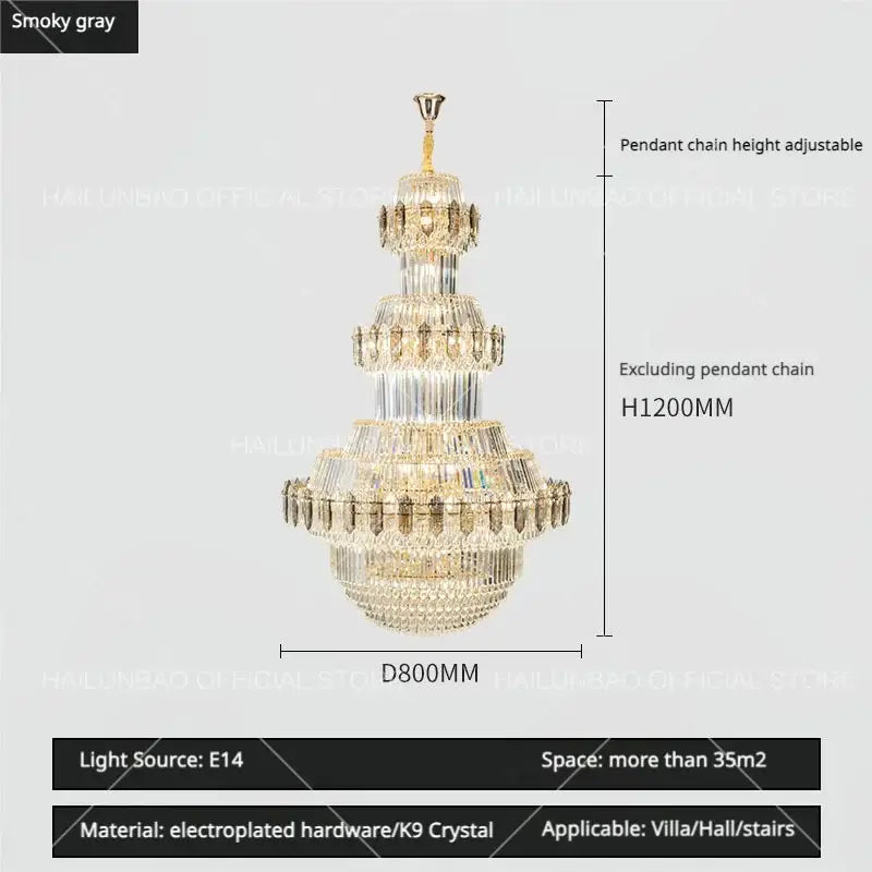 Luxury gold multi-tiered decorbites crystal chandelier with smoky gray electroplated hardware and cascading k9 prisms