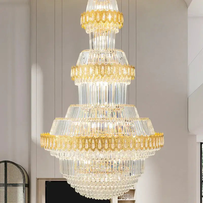 Luxury gold multi-tiered decorbites crystal chandelier with cascading clear prisms for elegant living room decor