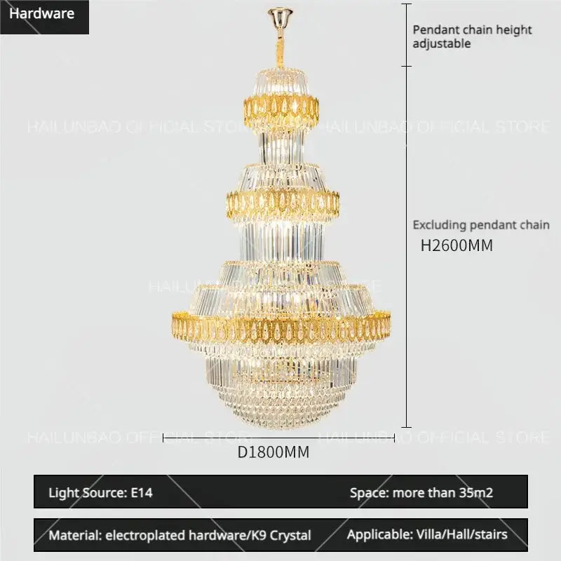 Luxury gold multi-tiered decorbites crystal chandelier with clear crystals and adjustable pendant chains for living room