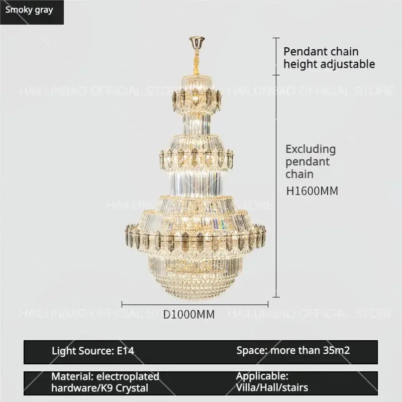 Luxury gold multi-tiered decorbites crystal chandelier with smoky gray crystals and electroplated hardware for living room
