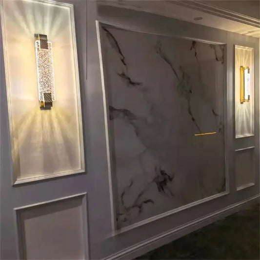 Luxury gold rectangular crystal wall lamp with intricate decorbites crystal embellishments for bedroom decor