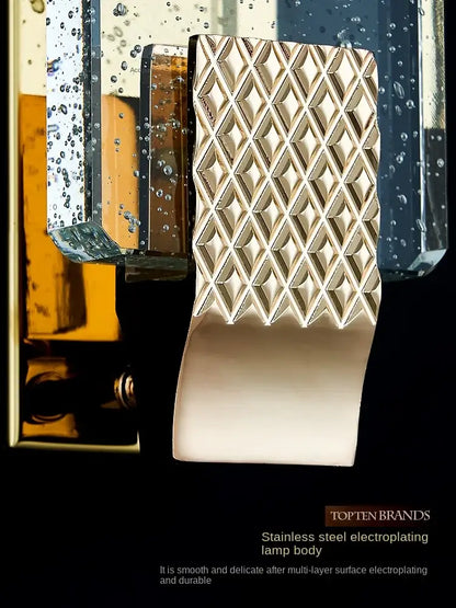 Luxury gold rectangular crystal wall lamp with textured diamond-patterned stainless steel body for decorbites crystal wall lighting