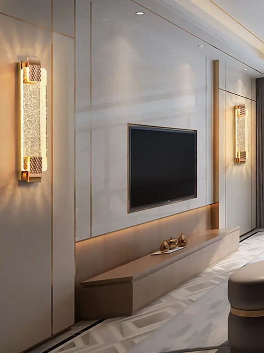 Luxury gold rectangular crystal wall lamp with textured illuminated panel for elegant bedroom decorbites wall lamp decor
