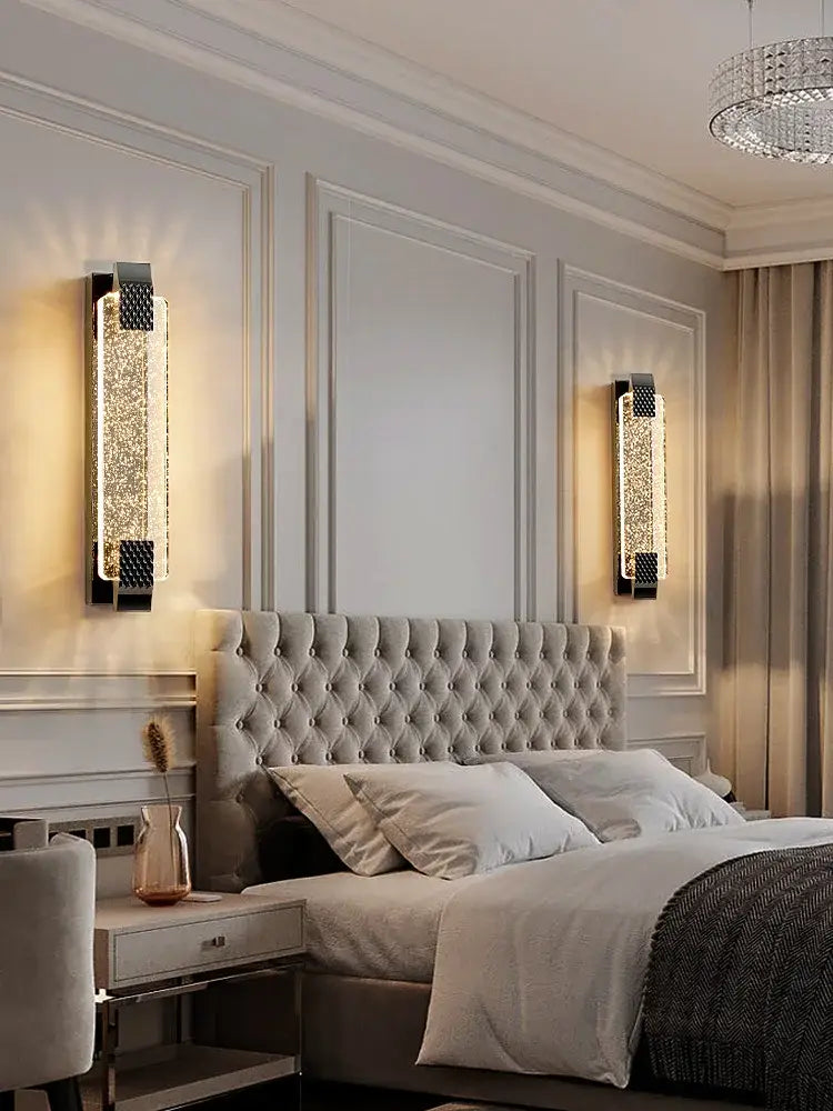 Luxury gold rectangular crystal wall lamp with black frame and sparkling accents for elegant bedroom decorbites crystal wall lamp