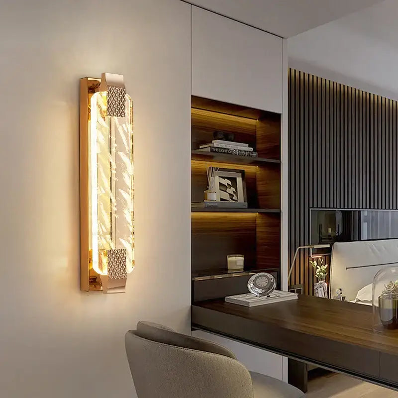 Luxury gold rectangular crystal wall lamp with textured central panel and illuminated vertical light strip for bedroom decorbites decor