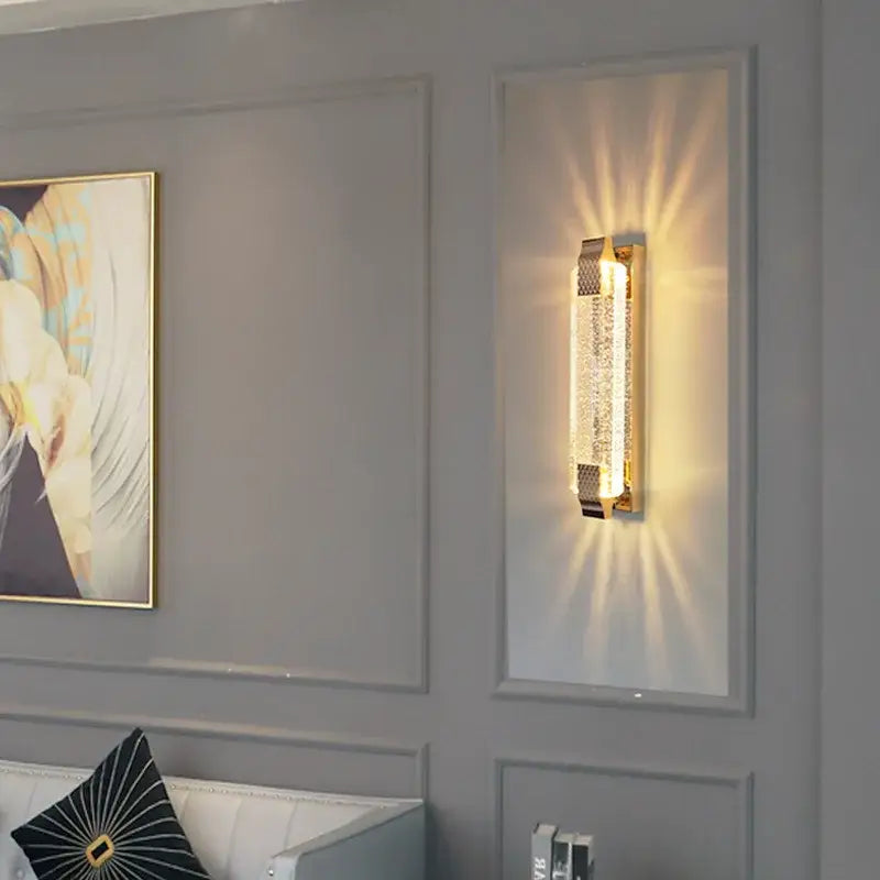 Luxury gold rectangular crystal wall lamp with textured crystal panel and metallic accents for bedroom decorbites wall lamp