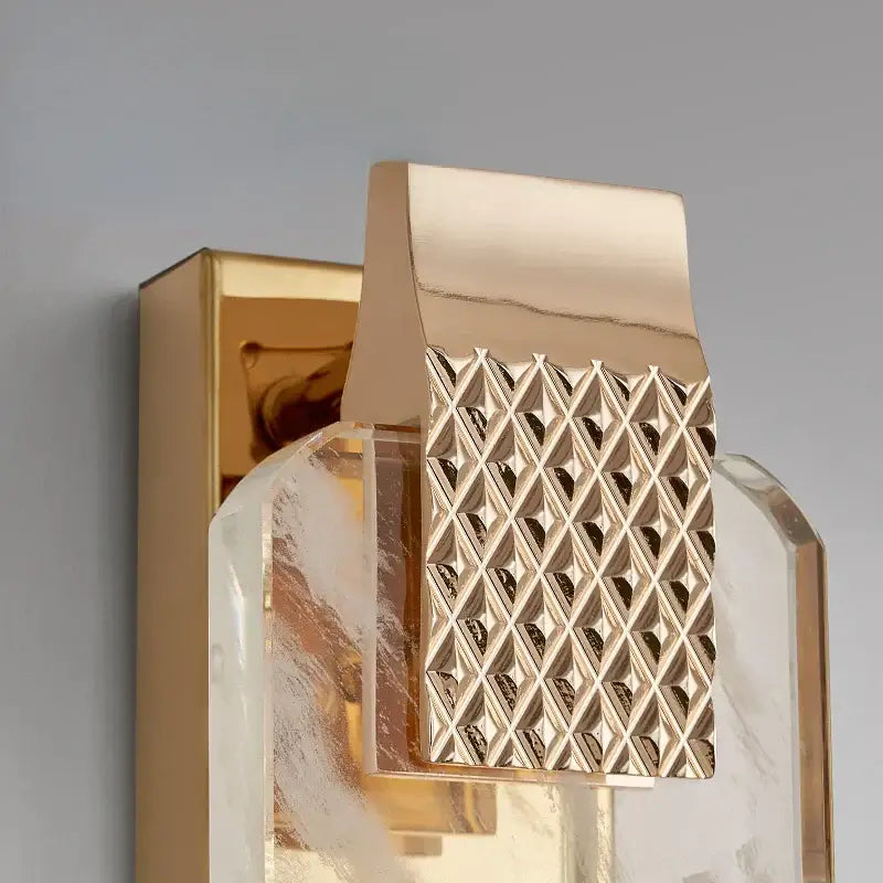 Luxury gold rectangular crystal wall lamp with textured geometric pattern and frosted glass panels for bedroom decorbites decor
