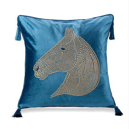 Blue velvet decorbites gold rhinestone throw pillow with beaded horse head and matching tassels rhinestone square pillow