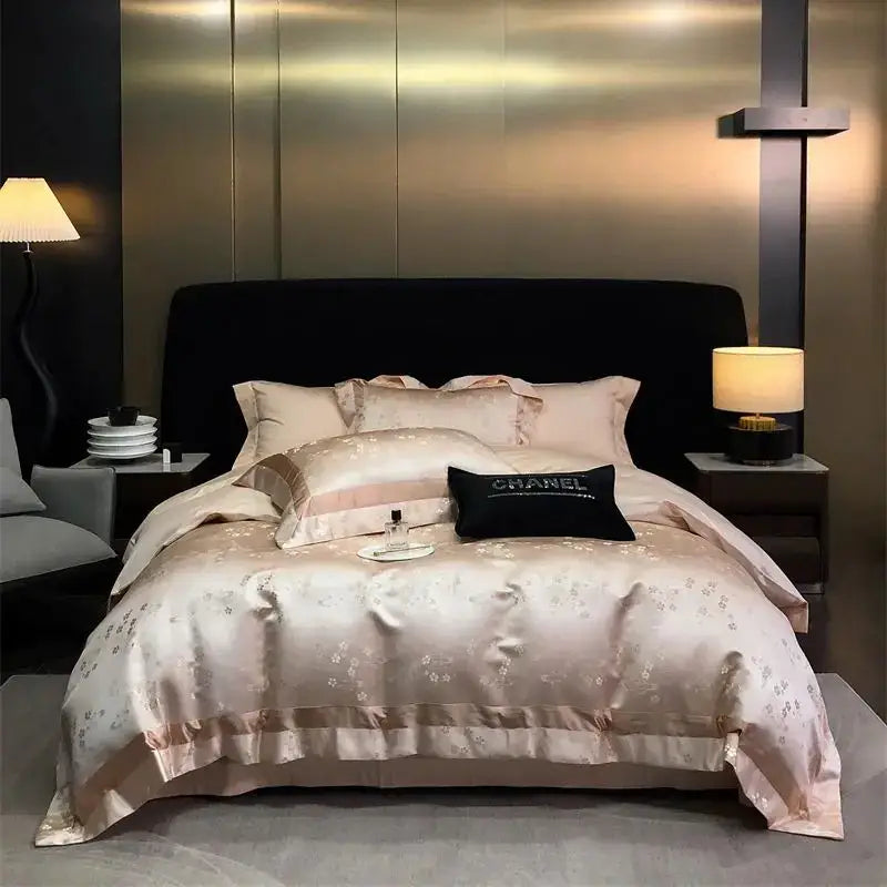 Luxury gold and silver brocade satin jacquard bedding set featuring a blush pink floral decorbites brocade satin design with black chanel pillow