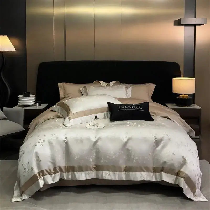 Luxurious silver-toned satin duvet cover bedding set with floral embroidery and taupe trim by decorbites brocade satin jacquard