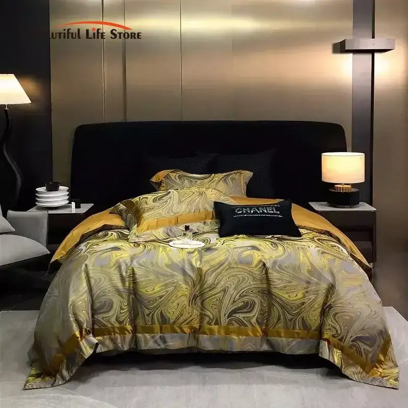 Luxurious gold and silver brocade satin jacquard bedding set with elegant marbled design by decorbites for bedroom decor