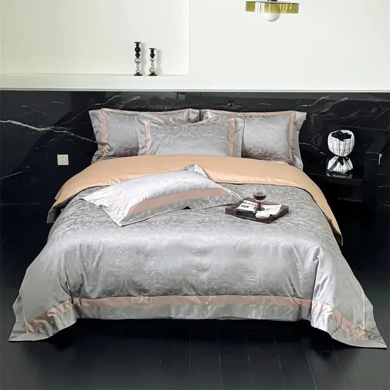 Silver and blush pink satin bedding set with intricate damask embroidery in decorbites brocade satin jacquard style