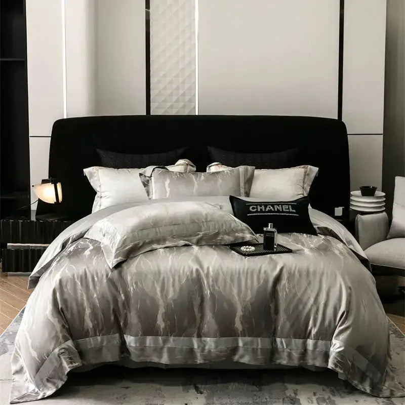 Silver satin duvet cover set with subtle marbled pattern and elegant ruffled edges in decorbites brocade satin jacquard bedding set