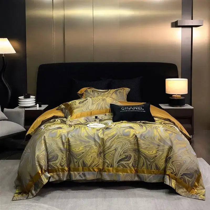 Luxury gold and gray marbled satin bedding set featuring decorbites brocade satin jacquard for elegant bedroom decor