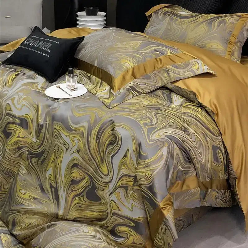 Luxury gold and gray marbled satin bedding set with elegant ruffled edges decorbites brocade satin jacquard design