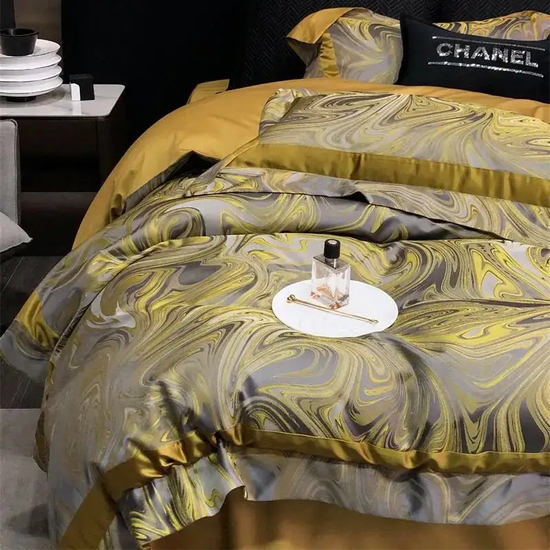 Luxury gold and gray marbled brocade satin jacquard bedding set with black Chanel pillow by decorbites brocade satin