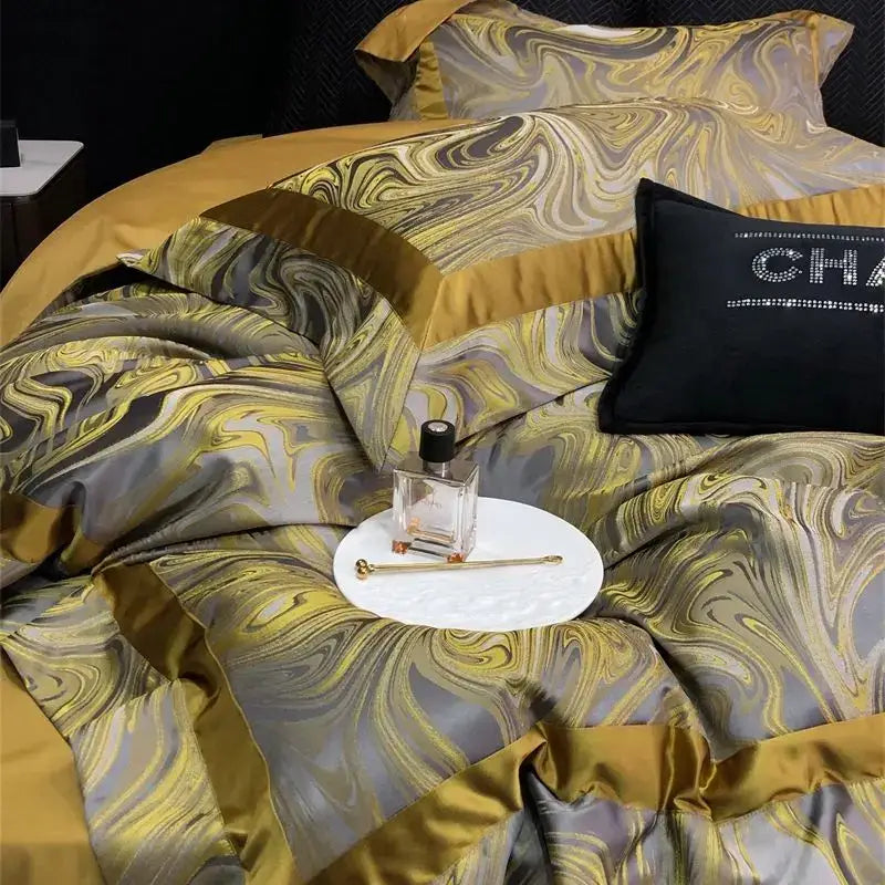 Luxury gold and gray marbled satin duvet cover bedding set with bold flowing patterns decorbites brocade satin jacquard
