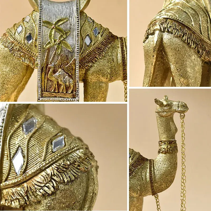 Luxury gold and silver resin art ornament of a camel with intricate detailing and mirrored embellishments for decor