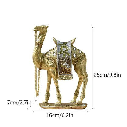 Golden camel resin art ornament with intricate detailing and embossed palm tree saddle for living room decor