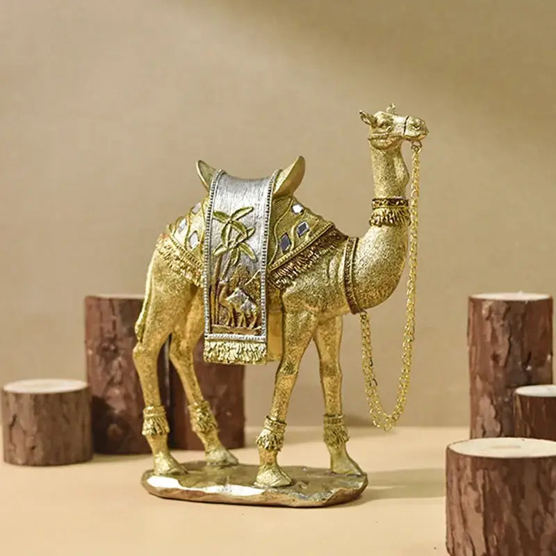 Luxury gold and silver camel resin art ornament with intricate gemstone detailing for elegant living room decor