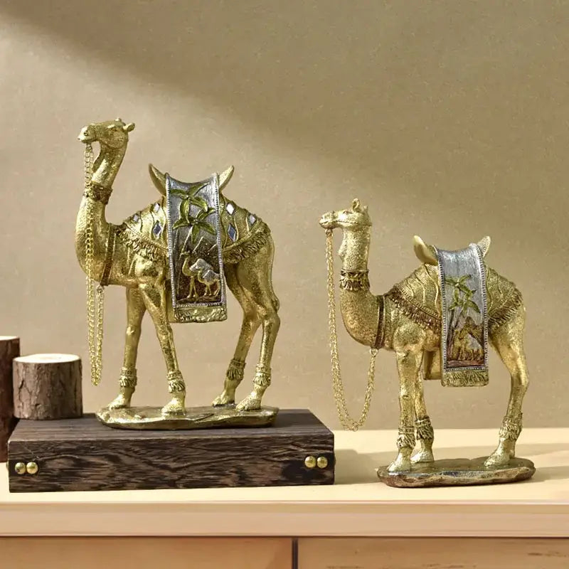 Golden camel resin art ornament with intricate metallic saddles and decorative chains for living room decor