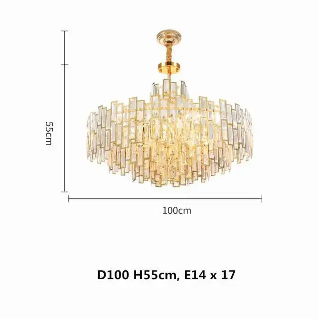 Luxury gold steel crystal pendant chandelier with cascading rectangular prisms for elegant dining room decorbites light