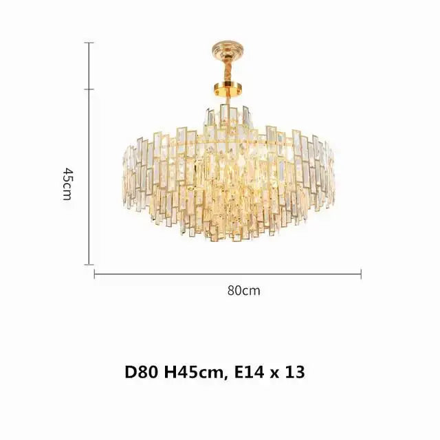 A luxury gold steel crystal pendant chandelier with cascading clear glass prisms for elegant dining room decorbites gold steel