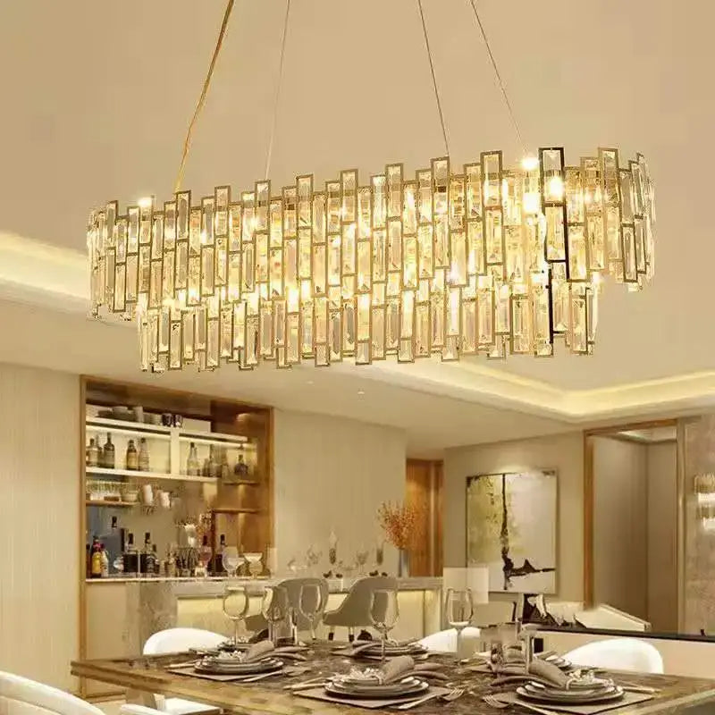 Luxury gold steel crystal rectangular pendant chandelier with cascading clear crystal bars for dining room decorbites gold steel