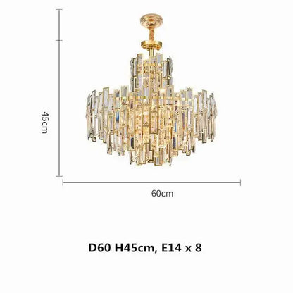 Luxury gold steel crystal pendant chandelier with cascading rectangular crystal prisms for dining room decorbites gold steel