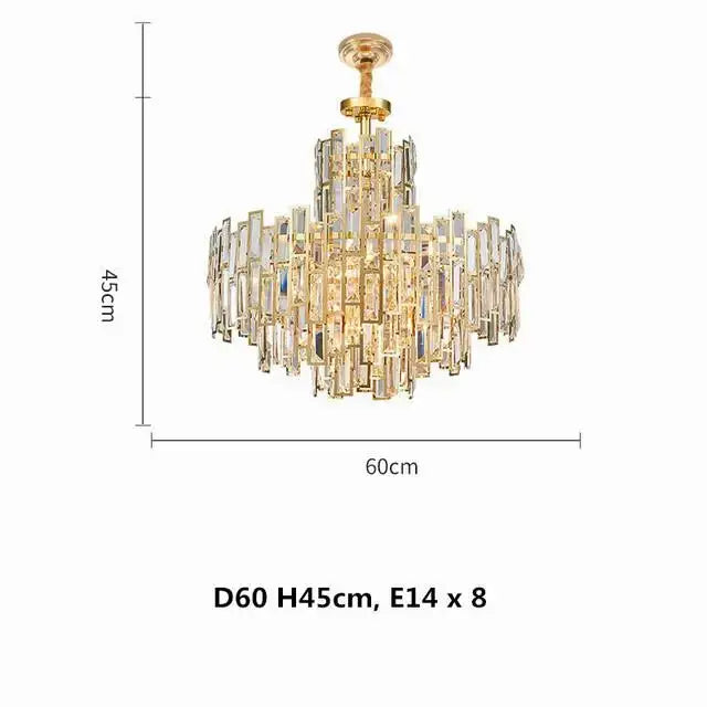 Luxury gold steel crystal pendant chandelier with cascading rectangular crystal prisms for dining room decorbites gold steel