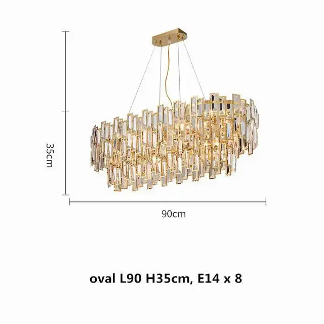 Luxury gold steel crystal pendant chandelier with gold-toned oval frame and cascading clear crystals for dining room decorbites gold steel