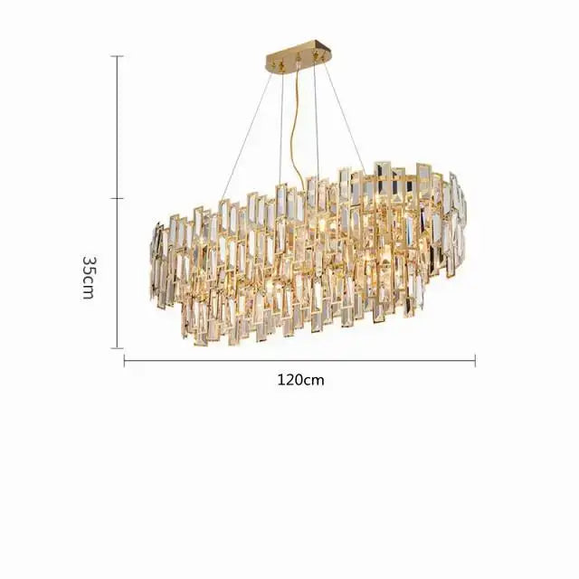 Luxury gold steel crystal oval pendant chandelier with cascading clear prisms for dining room decorbites gold steel design