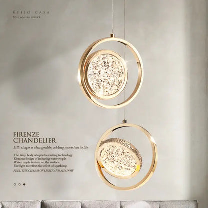 Luxury gold textured crystal ring pendant light with gold-toned circular chandeliers and sparkling glass inserts for decorbites decor